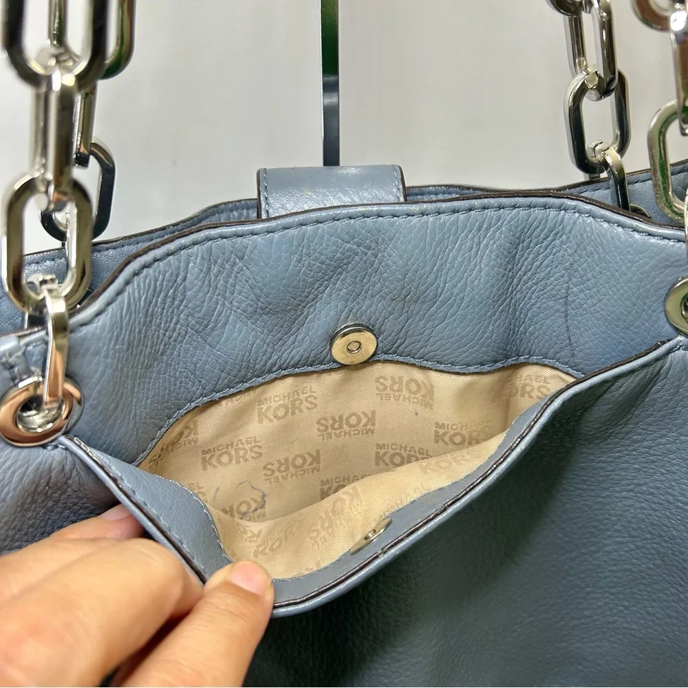 Michael Kors Blue Multi-Compartment Double Strap Shoulder Bag with Chain Accents